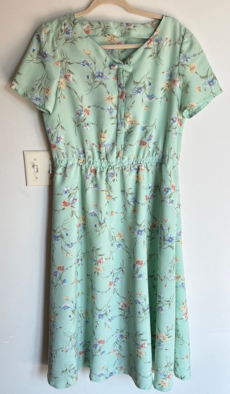 Handmade Mint Green Floral Midi Dress Womens 12 Bow Front Cottage Romantic
